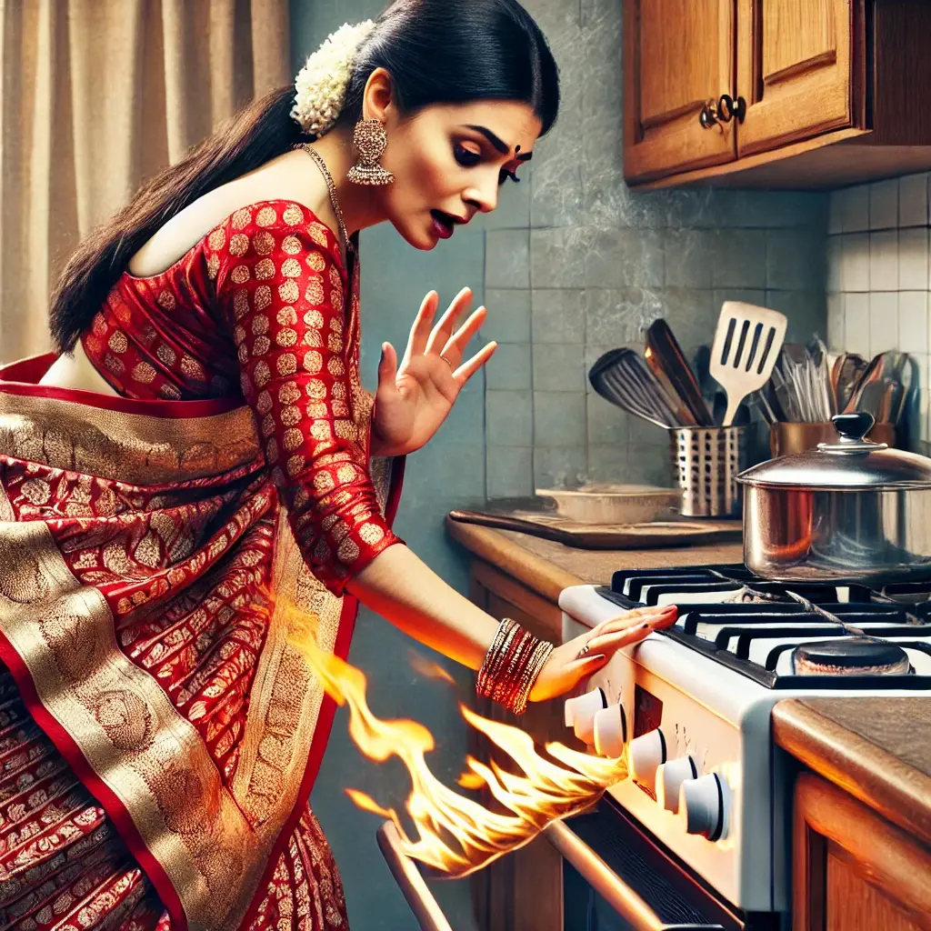 DALL·E 2025-03-02 03.33.39 - A woman wearing a traditional saree in the kitchen, accidentally coming too close to the stove. The edge of her saree catches fire, with visible flame